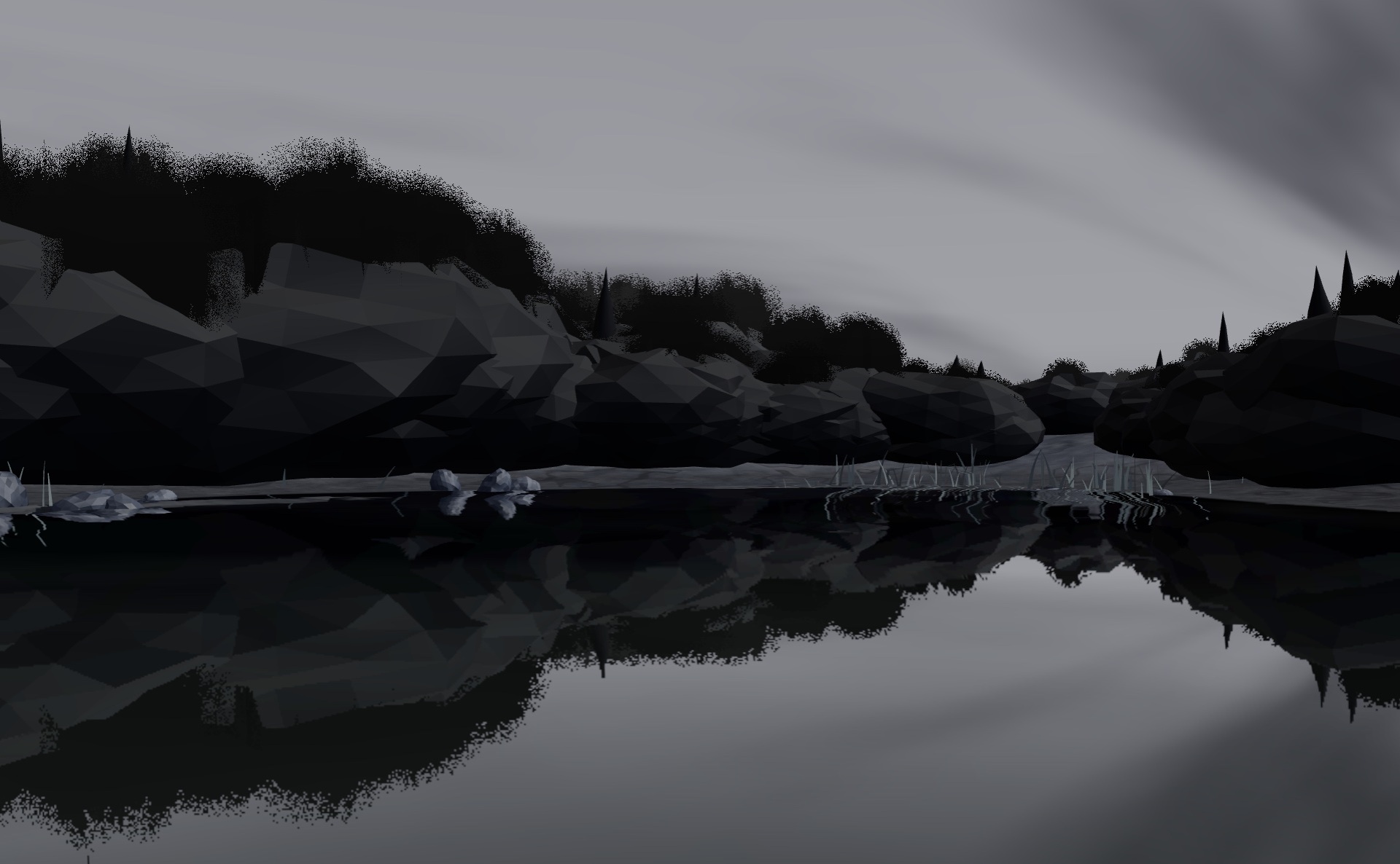 A charcoal pond at dawn: a dark treeline reflected in still water, thin mist along the far shore.